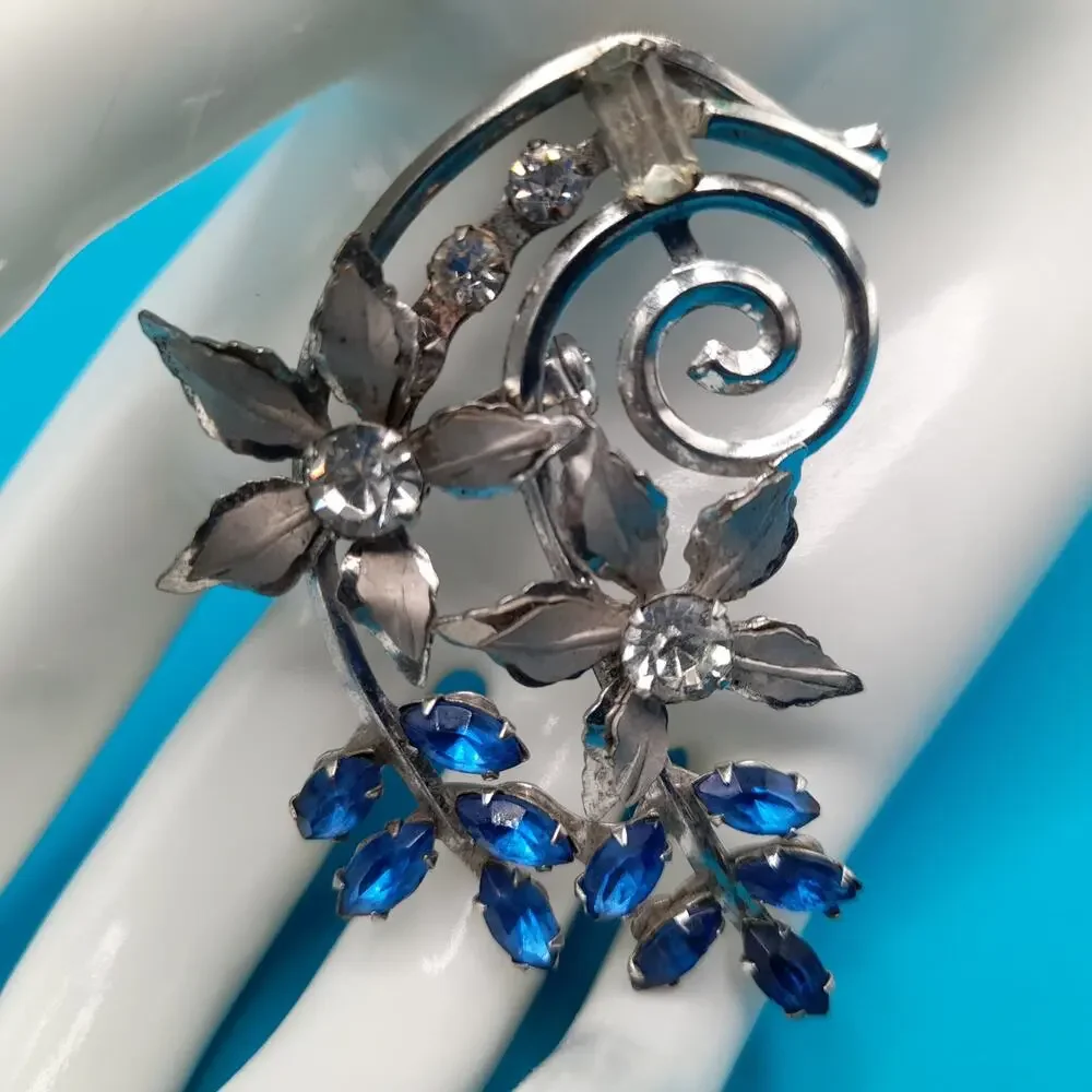 Vintage Floral Rhinestone Brooch, Mid-century, Blue Clear Silver, 1950s